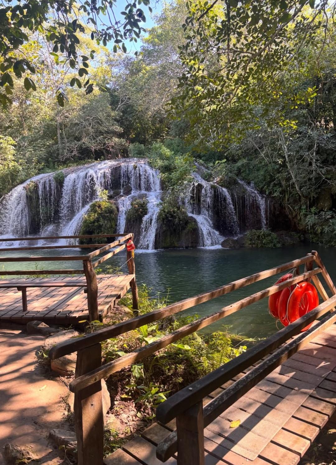 Waterfall and wooden walkway in Mato Grosso do Sul